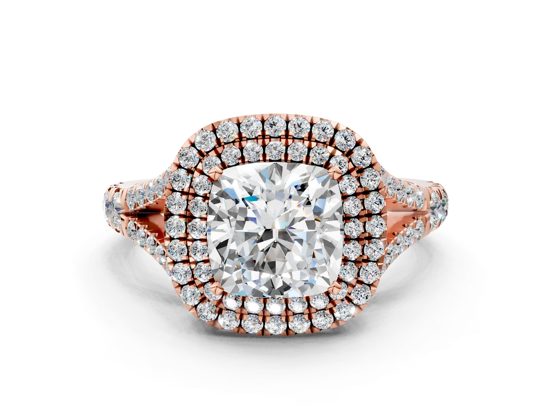 Rose gold Double Halo Cushion Cut Diamond Split Shank Ring with Four Prong Setting_32