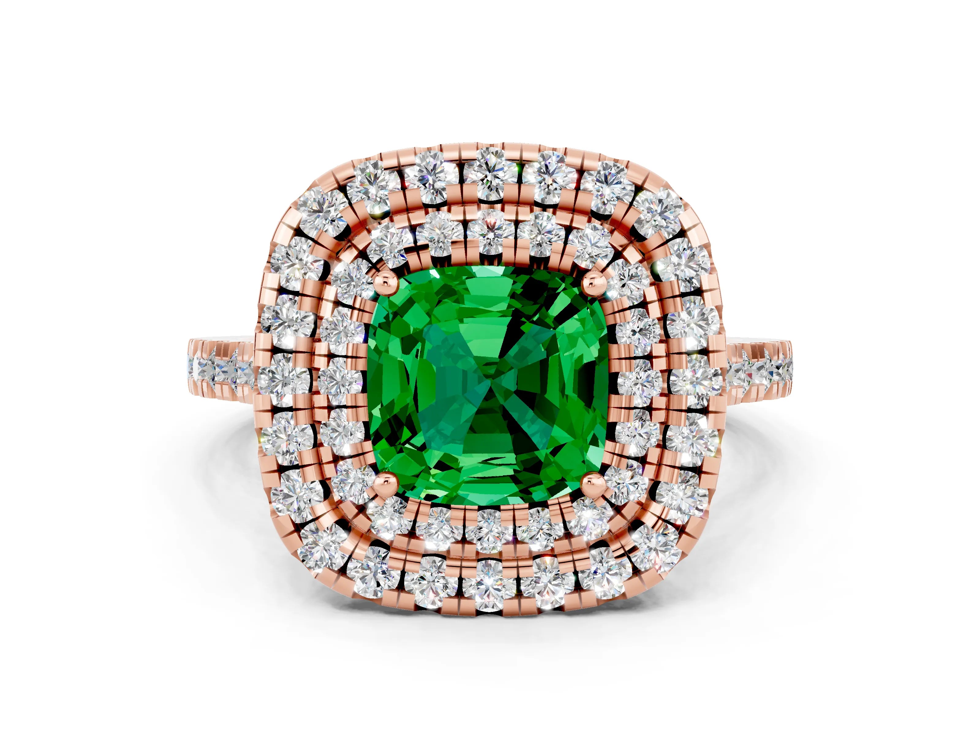 Rose gold Double Halo Cushion Cut Emerald Pavé Band with Four-Prong Setting