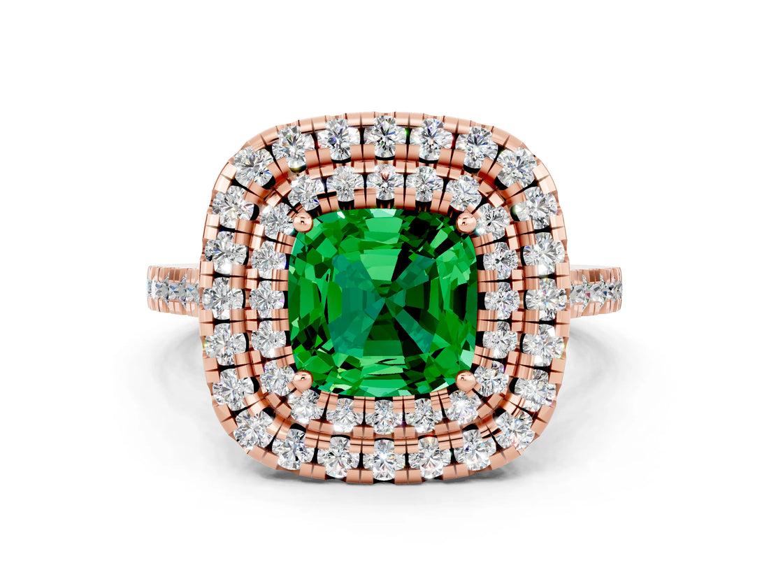 Rose gold Double Halo Cushion Cut Emerald Pavé Band with Four-Prong Setting