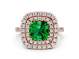 Rose gold Double Halo Cushion Cut Emerald Pavé Band with Four-Prong Setting