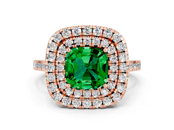 Rose gold Double Halo Cushion Cut Emerald Pavé Band with Four-Prong Setting