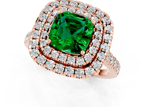 Rose gold Double Halo Cushion Cut Emerald Pavé Band with Four-Prong Setting_1