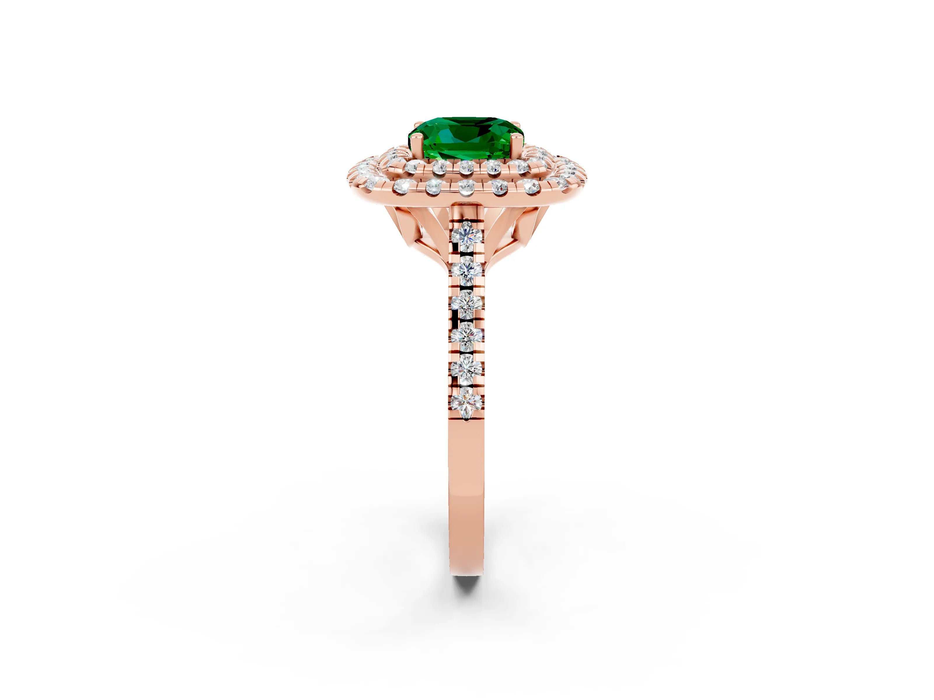 Rose gold Double Halo Cushion Cut Emerald Pavé Band with Four-Prong Setting_2