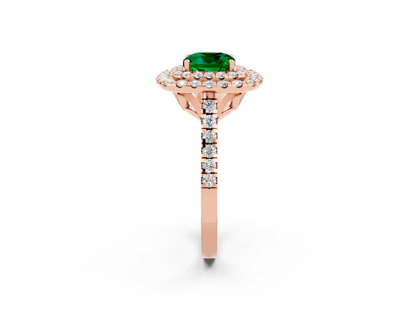 Rose gold Double Halo Cushion Cut Emerald Pavé Band with Four-Prong Setting