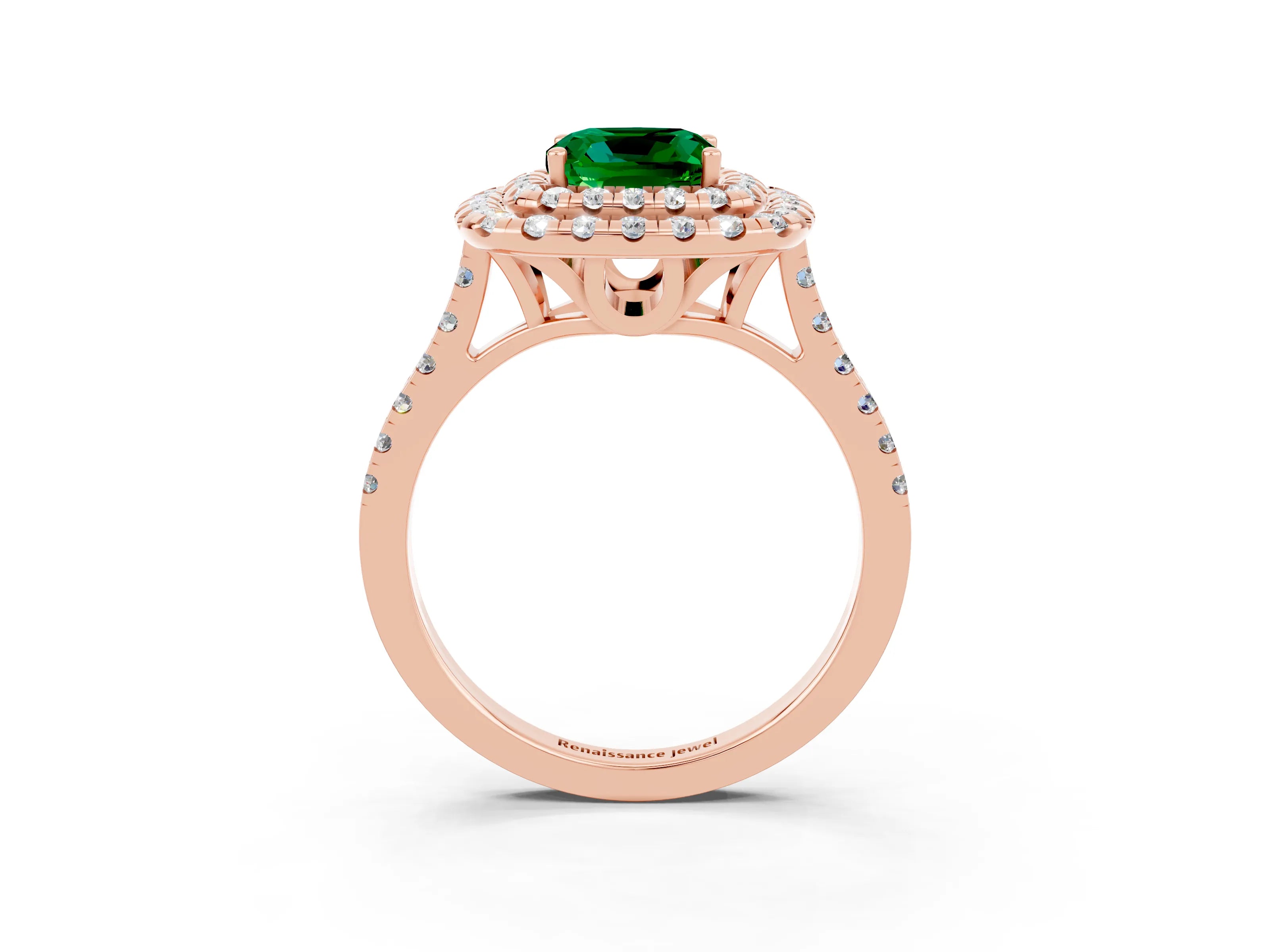 Rose gold Double Halo Cushion Cut Emerald Pavé Band with Four-Prong Setting_3