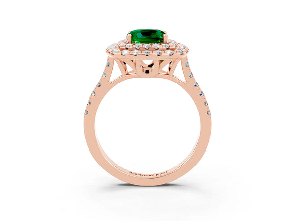 Rose gold Double Halo Cushion Cut Emerald Pavé Band with Four-Prong Setting