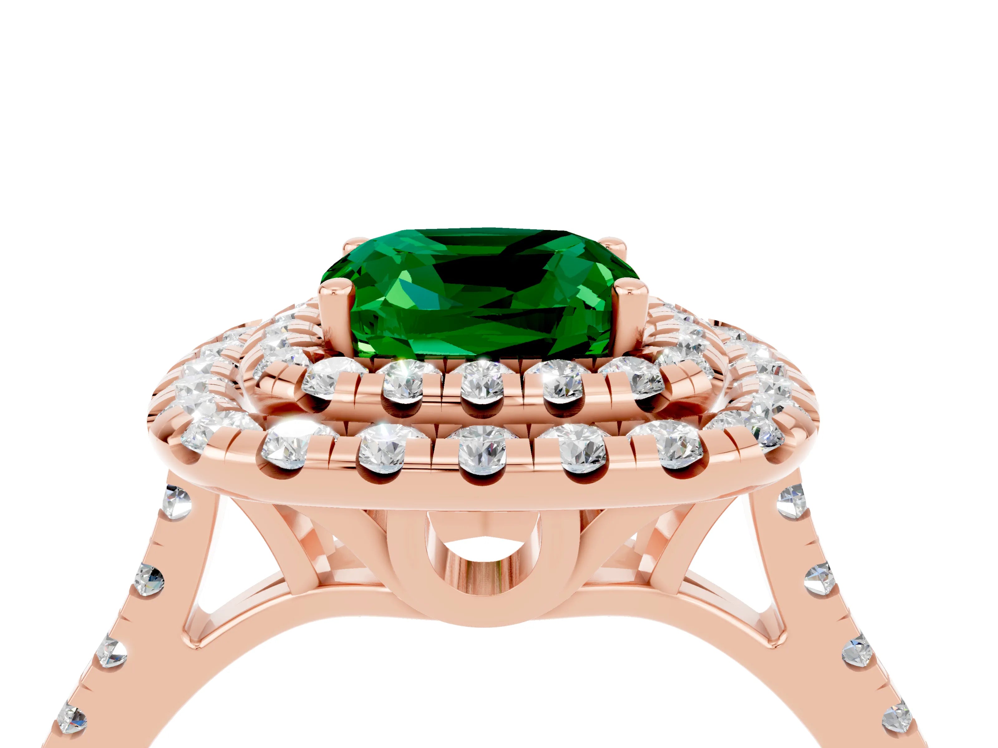 Rose gold Double Halo Cushion Cut Emerald Pavé Band with Four-Prong Setting_4