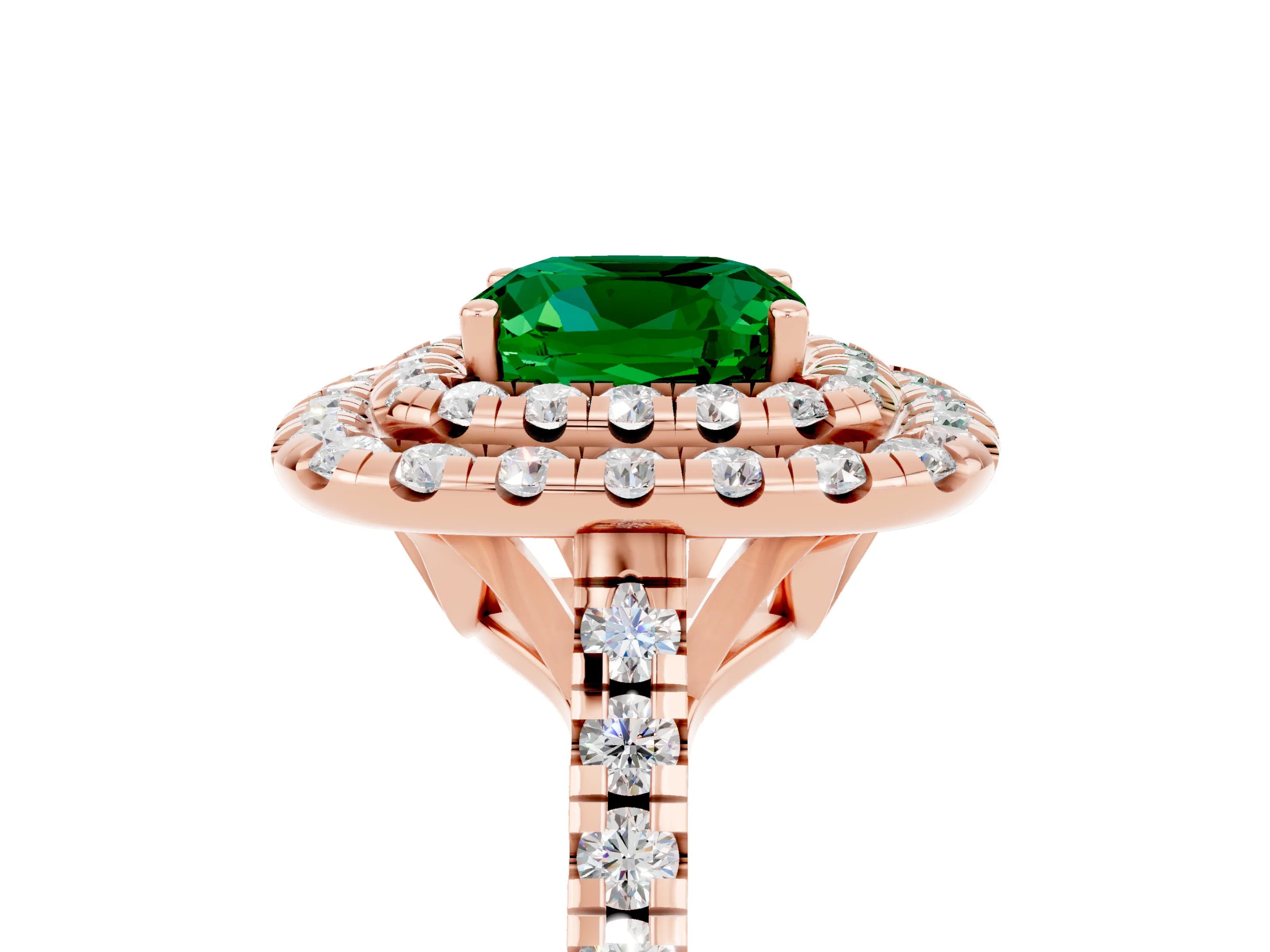 Rose gold Double Halo Cushion Cut Emerald Pavé Band with Four-Prong Setting_5