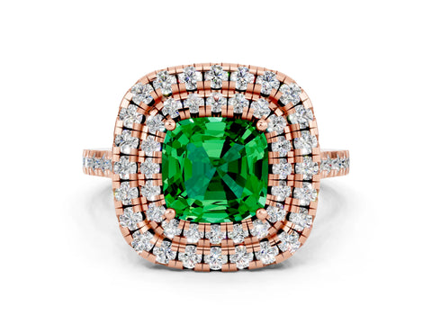 Rose gold Double Halo Cushion Cut Emerald Pavé Band with Four-Prong Setting