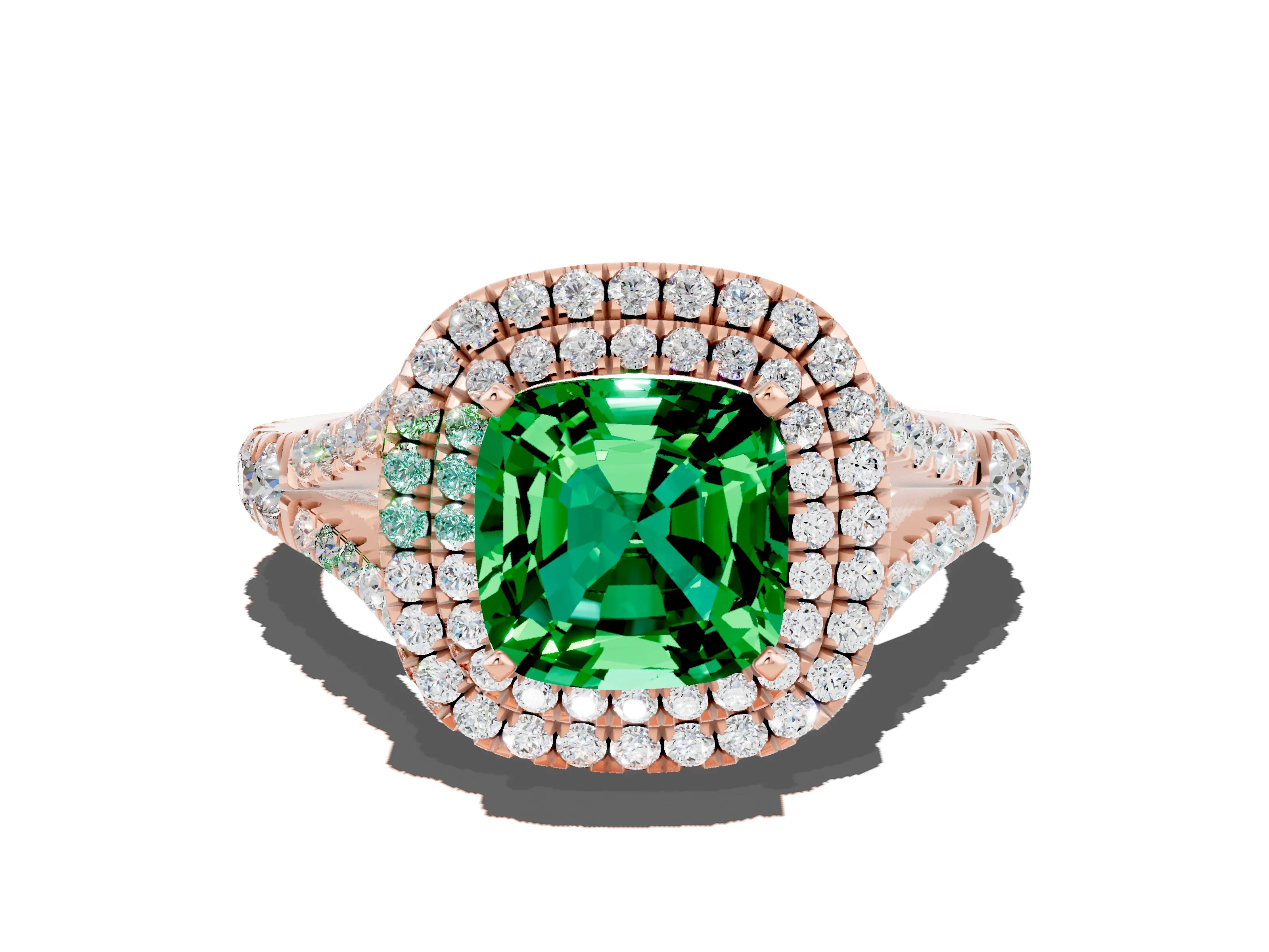 Rose gold Double Halo Cushion Cut Emerald Pavé Split Shank Ring with Prong Setting