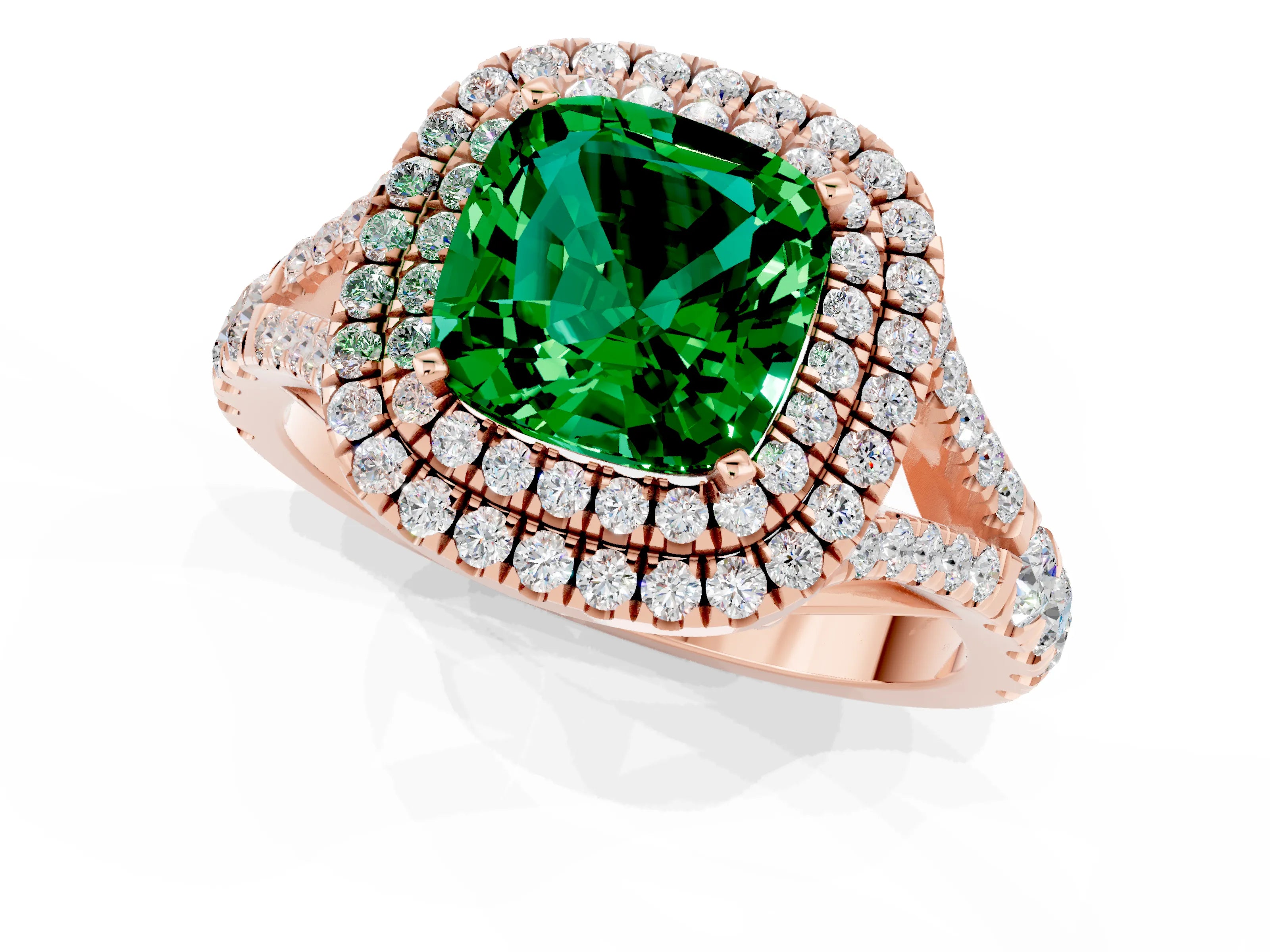 Rose gold Double Halo Cushion Cut Emerald Pavé Split Shank Ring with Prong Setting_1