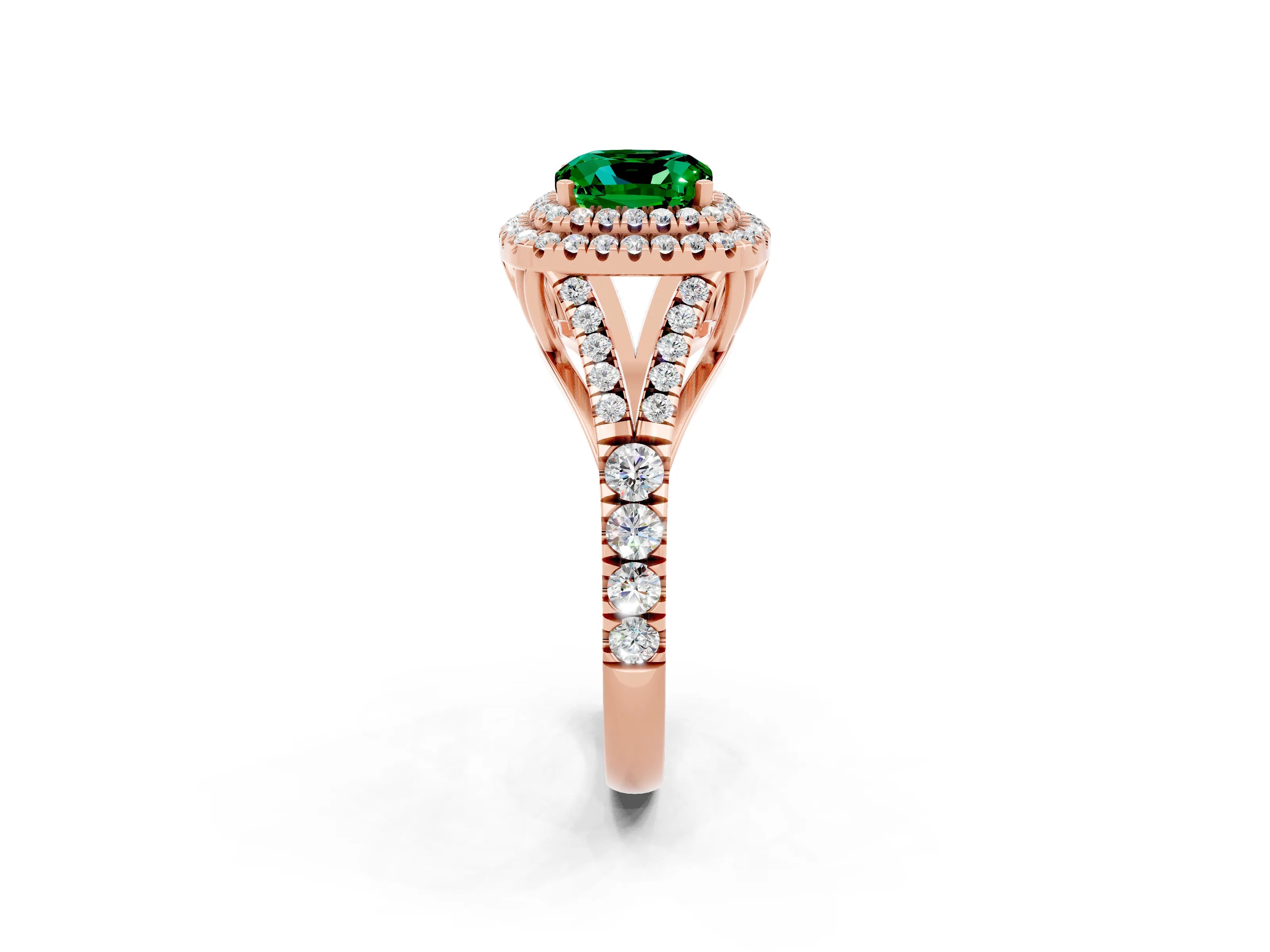 Rose gold Double Halo Cushion Cut Emerald Pavé Split Shank Ring with Prong Setting_2