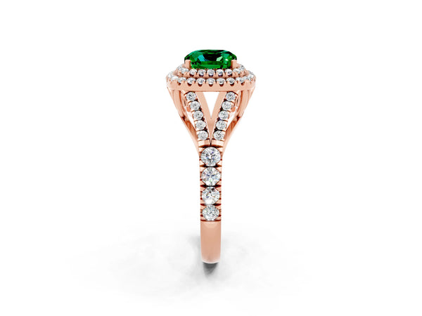 Rose gold Double Halo Cushion Cut Emerald Pavé Split Shank Ring with Prong Setting