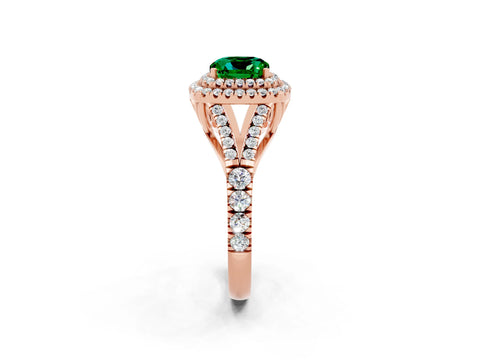 Rose gold Double Halo Cushion Cut Emerald Pavé Split Shank Ring with Prong Setting_2