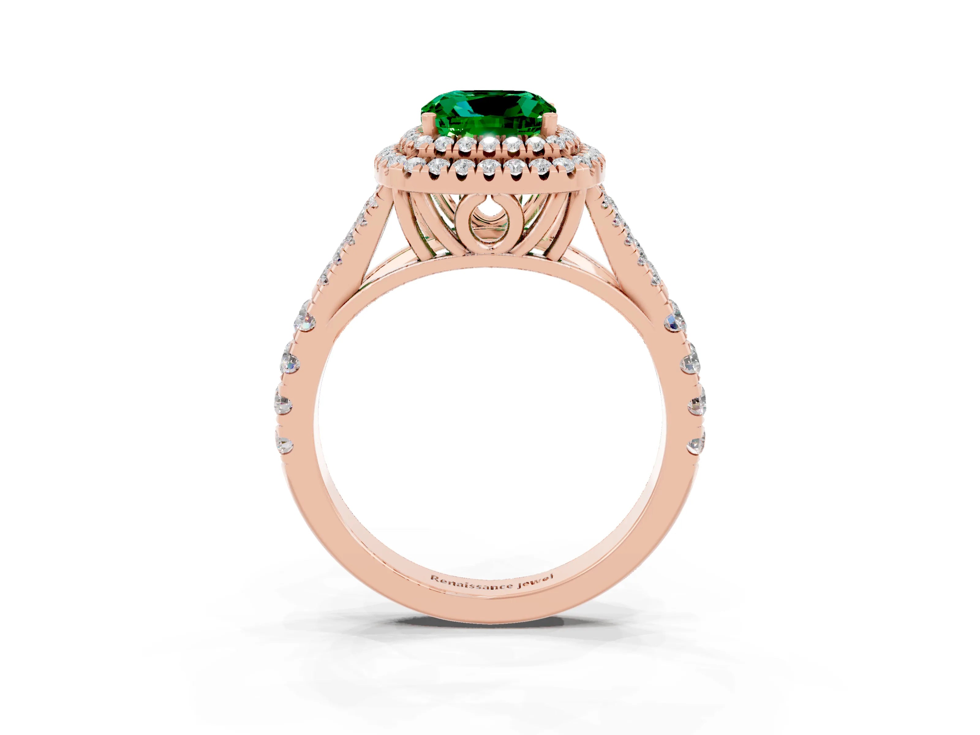 Rose gold Double Halo Cushion Cut Emerald Pavé Split Shank Ring with Prong Setting_3