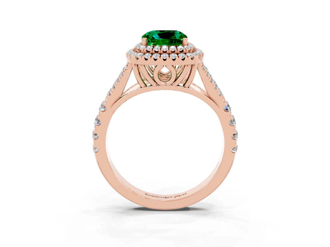 Rose gold Double Halo Cushion Cut Emerald Pavé Split Shank Ring with Prong Setting_3