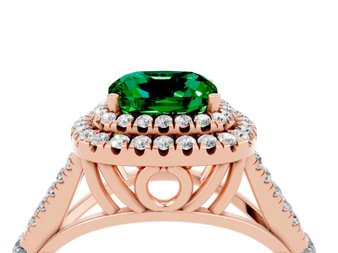 Rose gold Double Halo Cushion Cut Emerald Pavé Split Shank Ring with Prong Setting_4