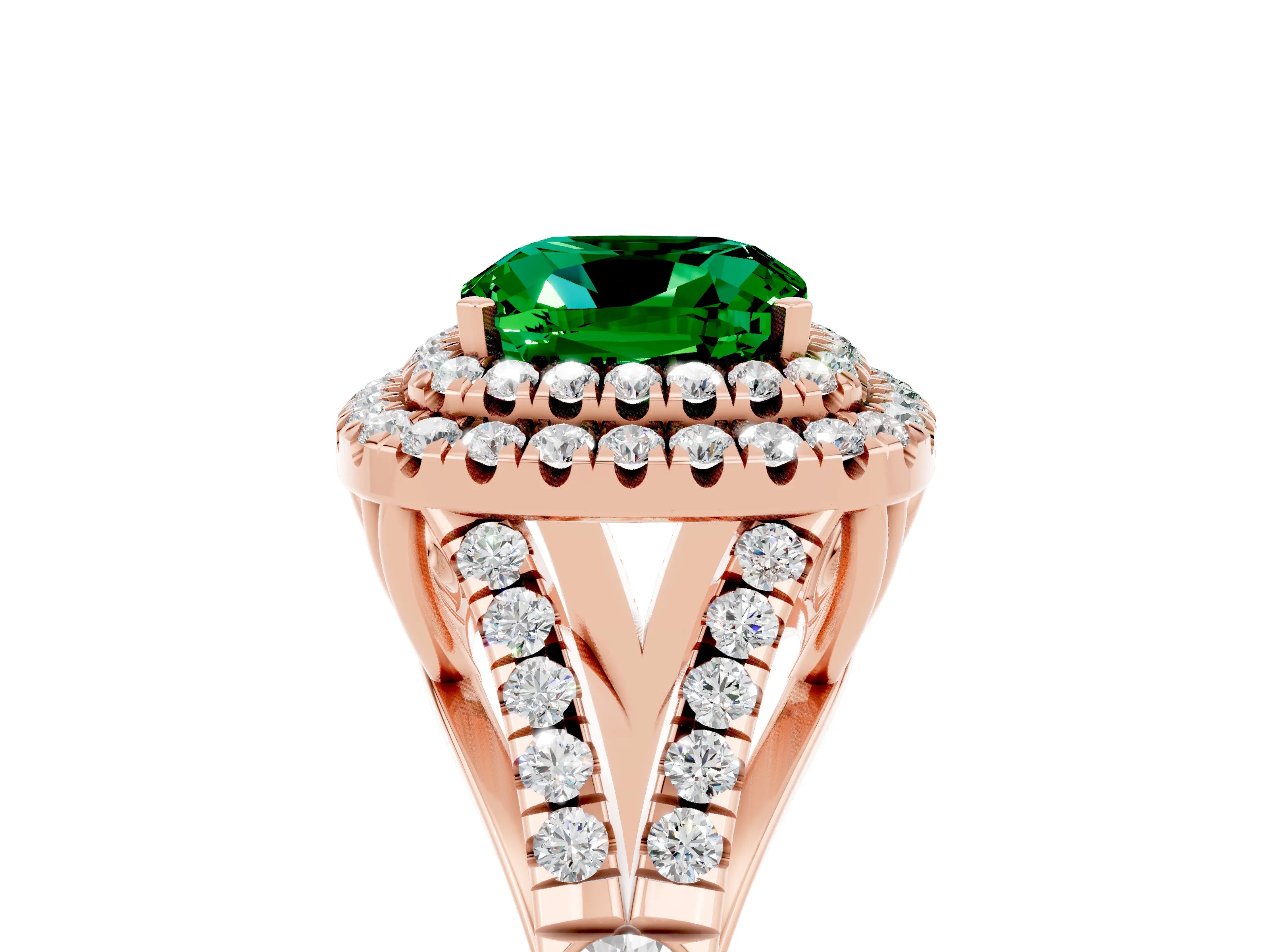 Rose gold Double Halo Cushion Cut Emerald Pavé Split Shank Ring with Prong Setting_5