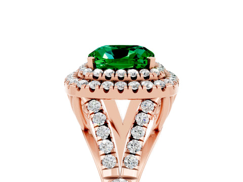 Rose gold Double Halo Cushion Cut Emerald Pavé Split Shank Ring with Prong Setting_5