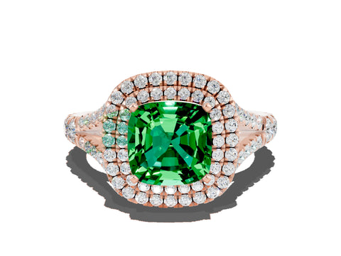 Rose gold Double Halo Cushion Cut Emerald Pavé Split Shank Ring with Prong Setting