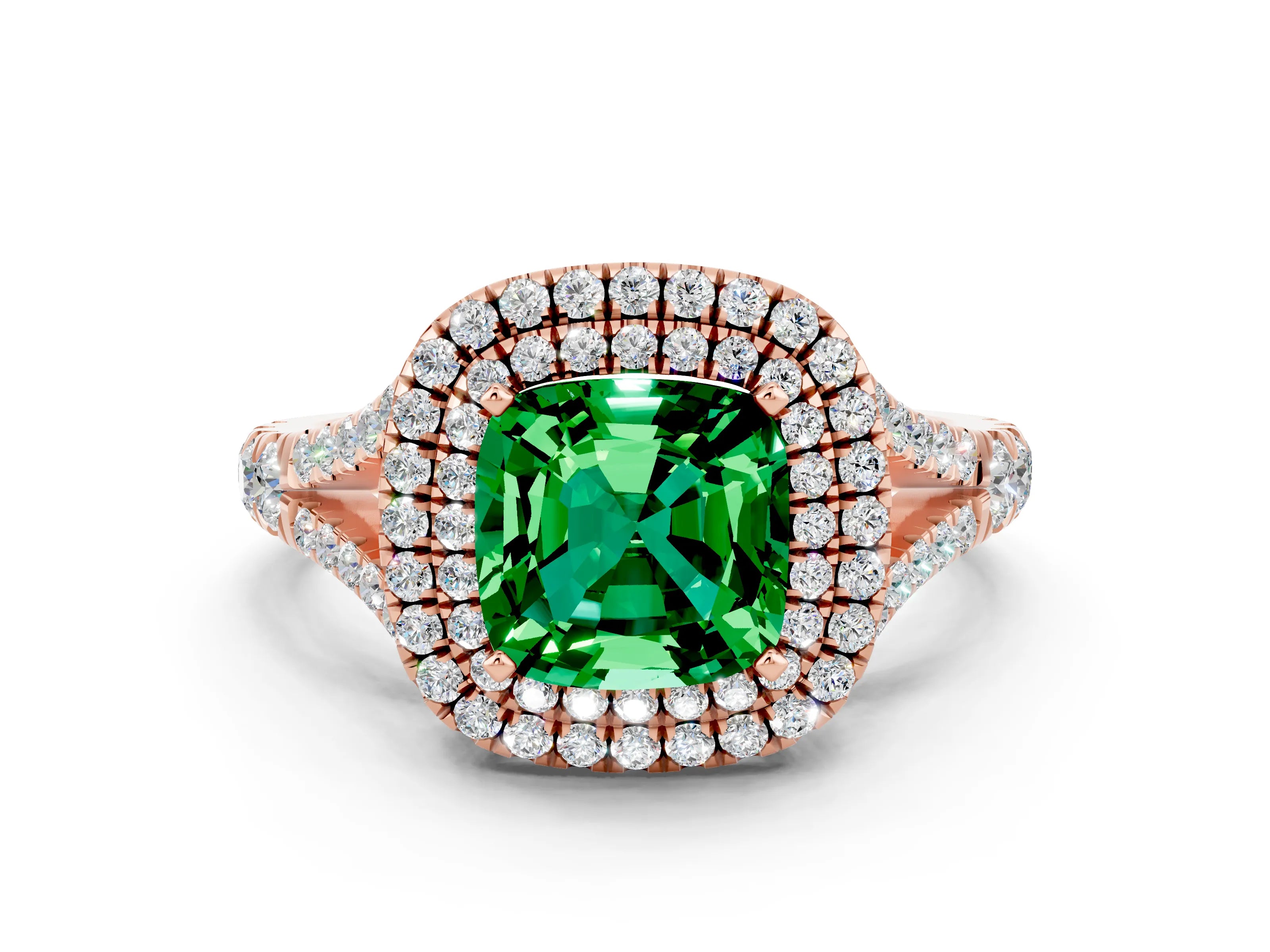 Rose gold Double Halo Cushion Cut Emerald Split Shank Engagement Ring with Four-Prong Setting