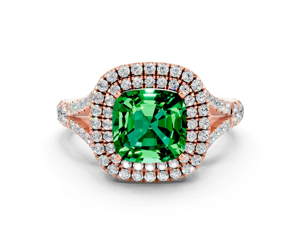 Rose gold Double Halo Cushion Cut Emerald Split Shank Engagement Ring with Four-Prong Setting