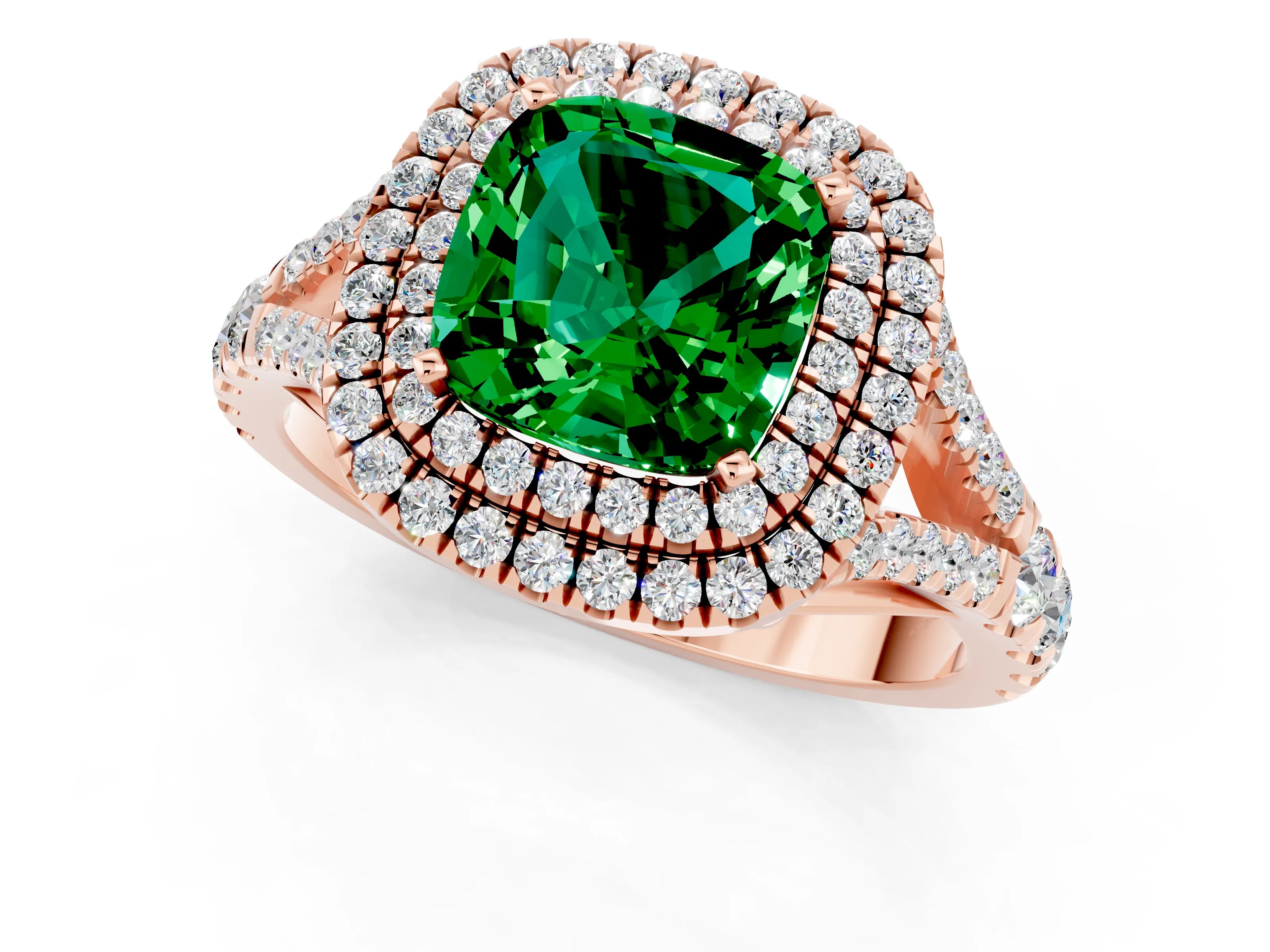 Rose gold Double Halo Cushion Cut Emerald Split Shank Engagement Ring with Four-Prong Setting_1