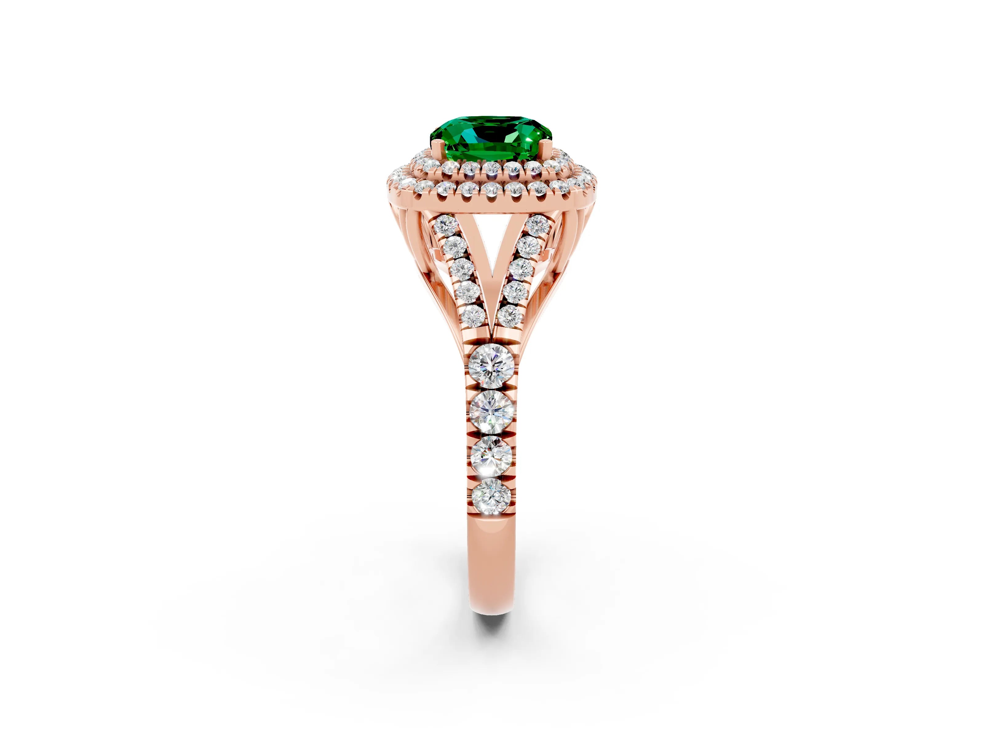 Rose gold Double Halo Cushion Cut Emerald Split Shank Engagement Ring with Four-Prong Setting_2
