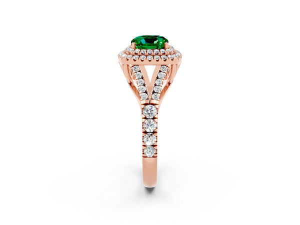 Rose gold Double Halo Cushion Cut Emerald Split Shank Engagement Ring with Four-Prong Setting