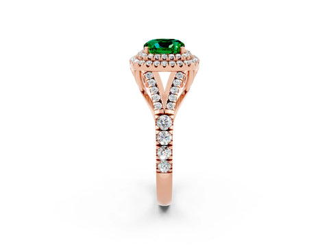 Rose gold Double Halo Cushion Cut Emerald Split Shank Engagement Ring with Four-Prong Setting_2