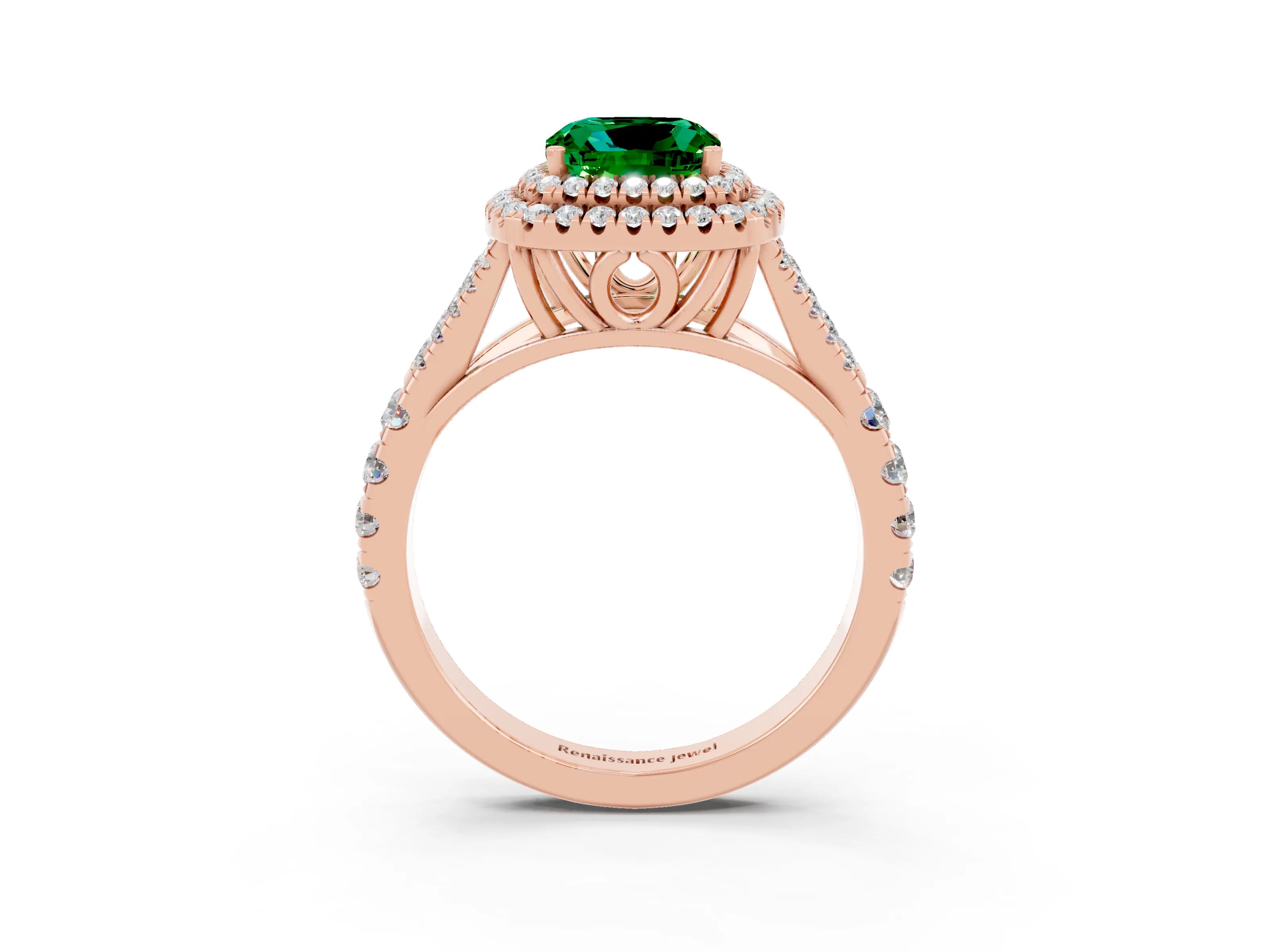 Rose gold Double Halo Cushion Cut Emerald Split Shank Engagement Ring with Four-Prong Setting_3