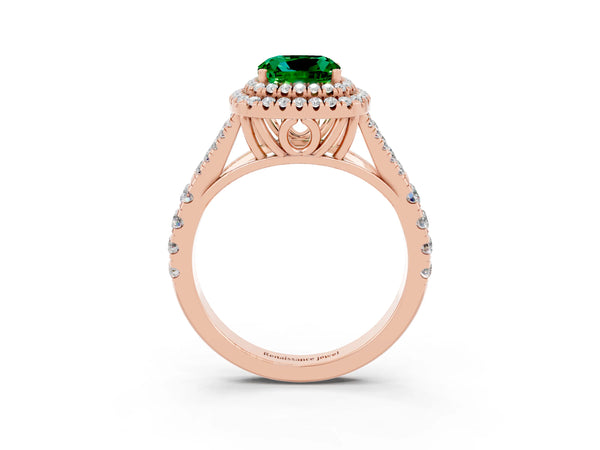 Rose gold Double Halo Cushion Cut Emerald Split Shank Engagement Ring with Four-Prong Setting