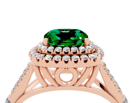 Rose gold Double Halo Cushion Cut Emerald Split Shank Engagement Ring with Four-Prong Setting_4