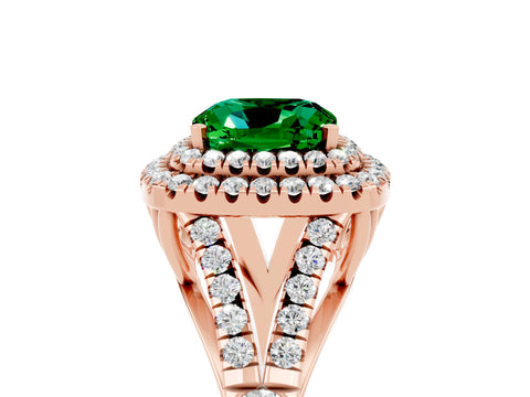 Rose gold Double Halo Cushion Cut Emerald Split Shank Engagement Ring with Four-Prong Setting_5