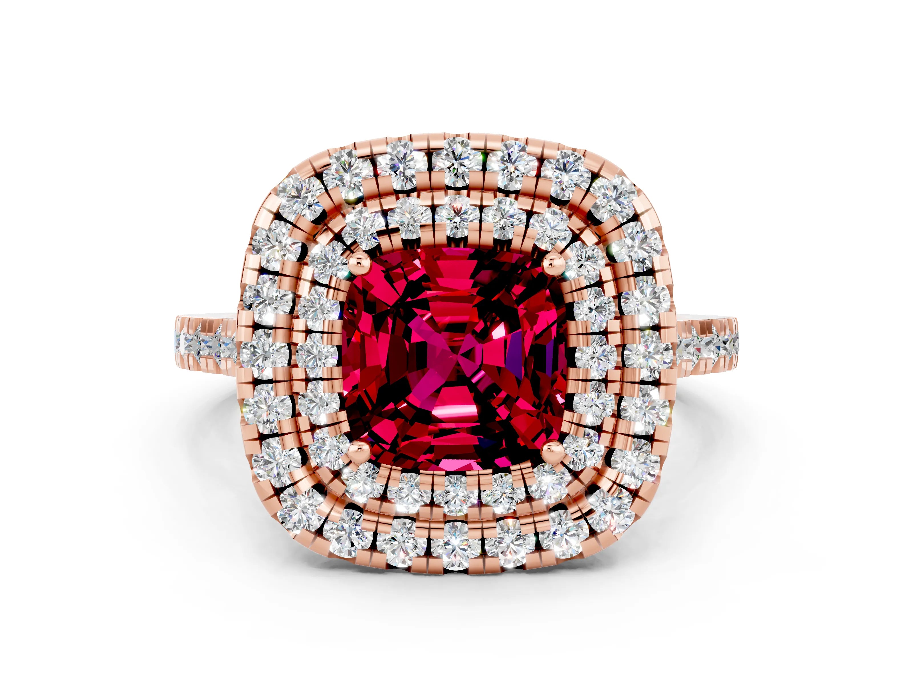 Rose gold Double Halo Cushion Cut Garnet Pavé Band with Four-Prong Setting