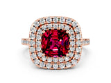 Rose gold Double Halo Cushion Cut Garnet Pavé Band with Four-Prong Setting