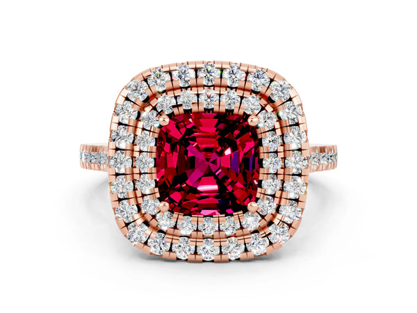 Rose gold Double Halo Cushion Cut Garnet Pavé Band with Four-Prong Setting