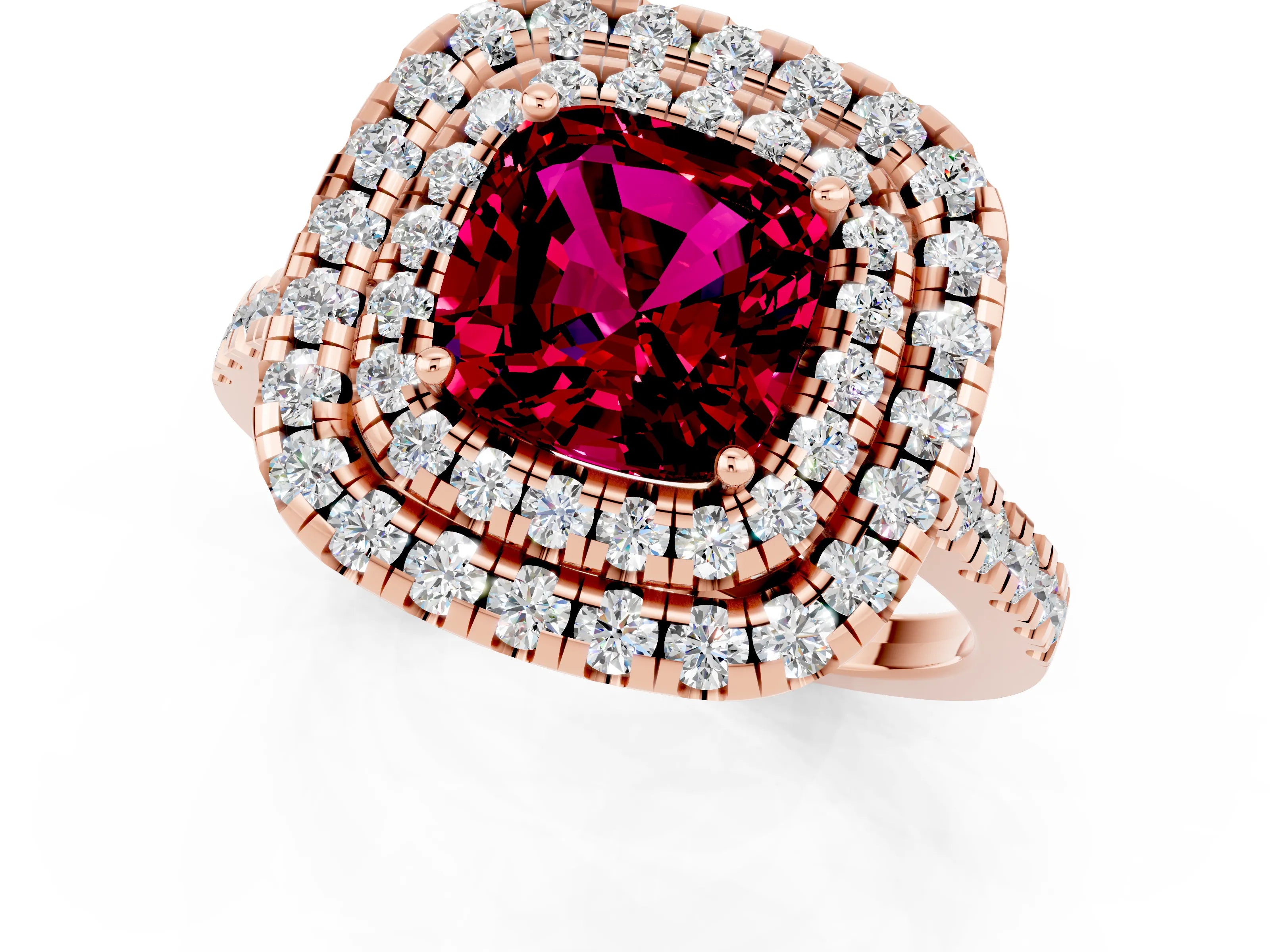 Rose gold Double Halo Cushion Cut Garnet Pavé Band with Four-Prong Setting_1