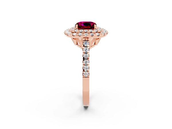 Rose gold Double Halo Cushion Cut Garnet Pavé Band with Four-Prong Setting