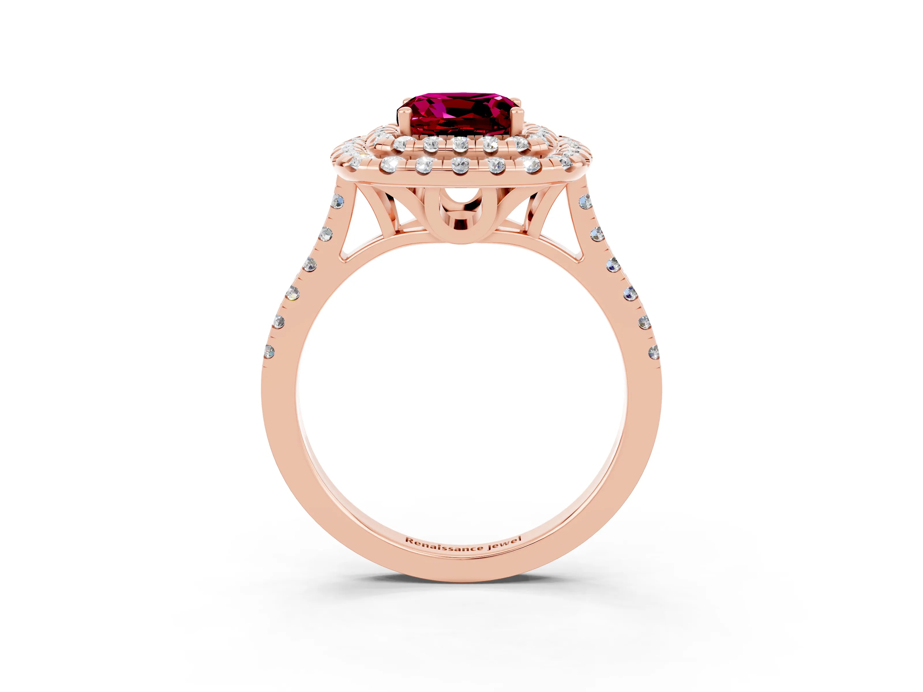 Rose gold Double Halo Cushion Cut Garnet Pavé Band with Four-Prong Setting_3