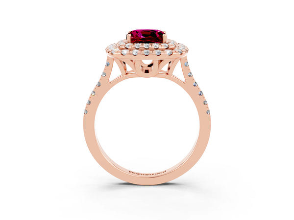 Rose gold Double Halo Cushion Cut Garnet Pavé Band with Four-Prong Setting