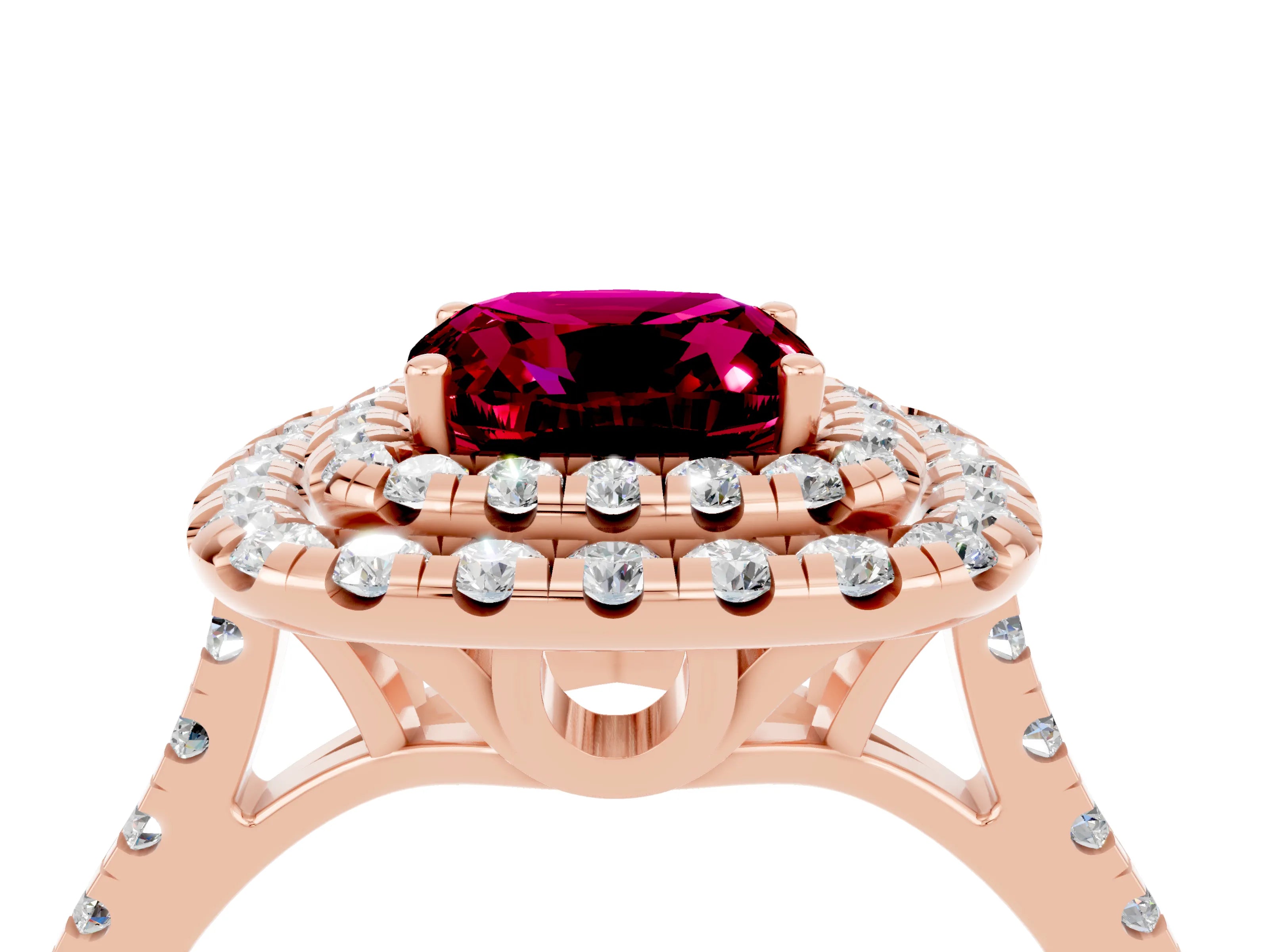 Rose gold Double Halo Cushion Cut Garnet Pavé Band with Four-Prong Setting_4