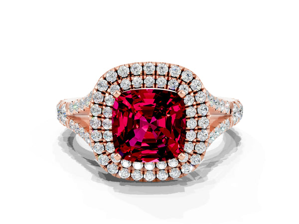 Rose gold Double Halo Cushion Cut Garnet Pavé Split Shank Ring with Prong Setting