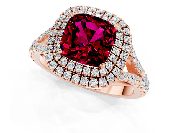 Rose gold Double Halo Cushion Cut Garnet Pavé Split Shank Ring with Prong Setting