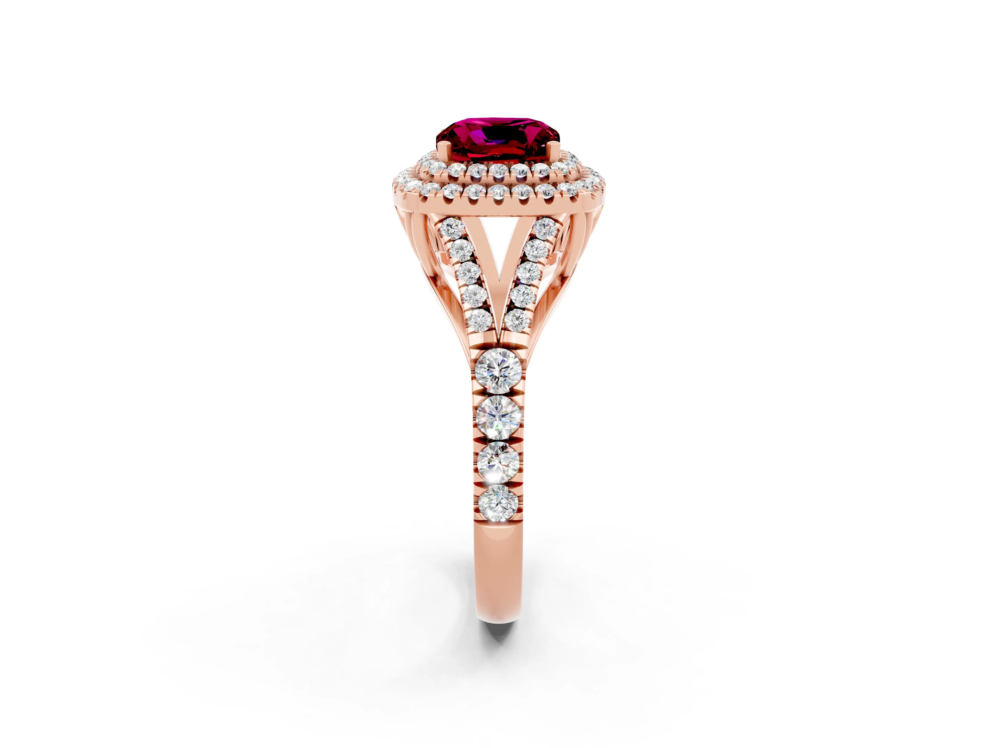 Rose gold Double Halo Cushion Cut Garnet Pavé Split Shank Ring with Prong Setting_2