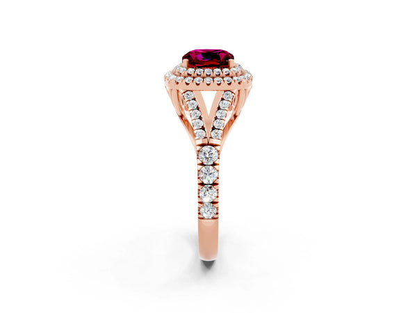 Rose gold Double Halo Cushion Cut Garnet Pavé Split Shank Ring with Prong Setting