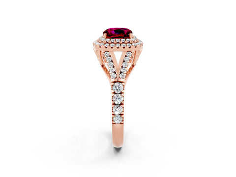 Rose gold Double Halo Cushion Cut Garnet Pavé Split Shank Ring with Prong Setting_2