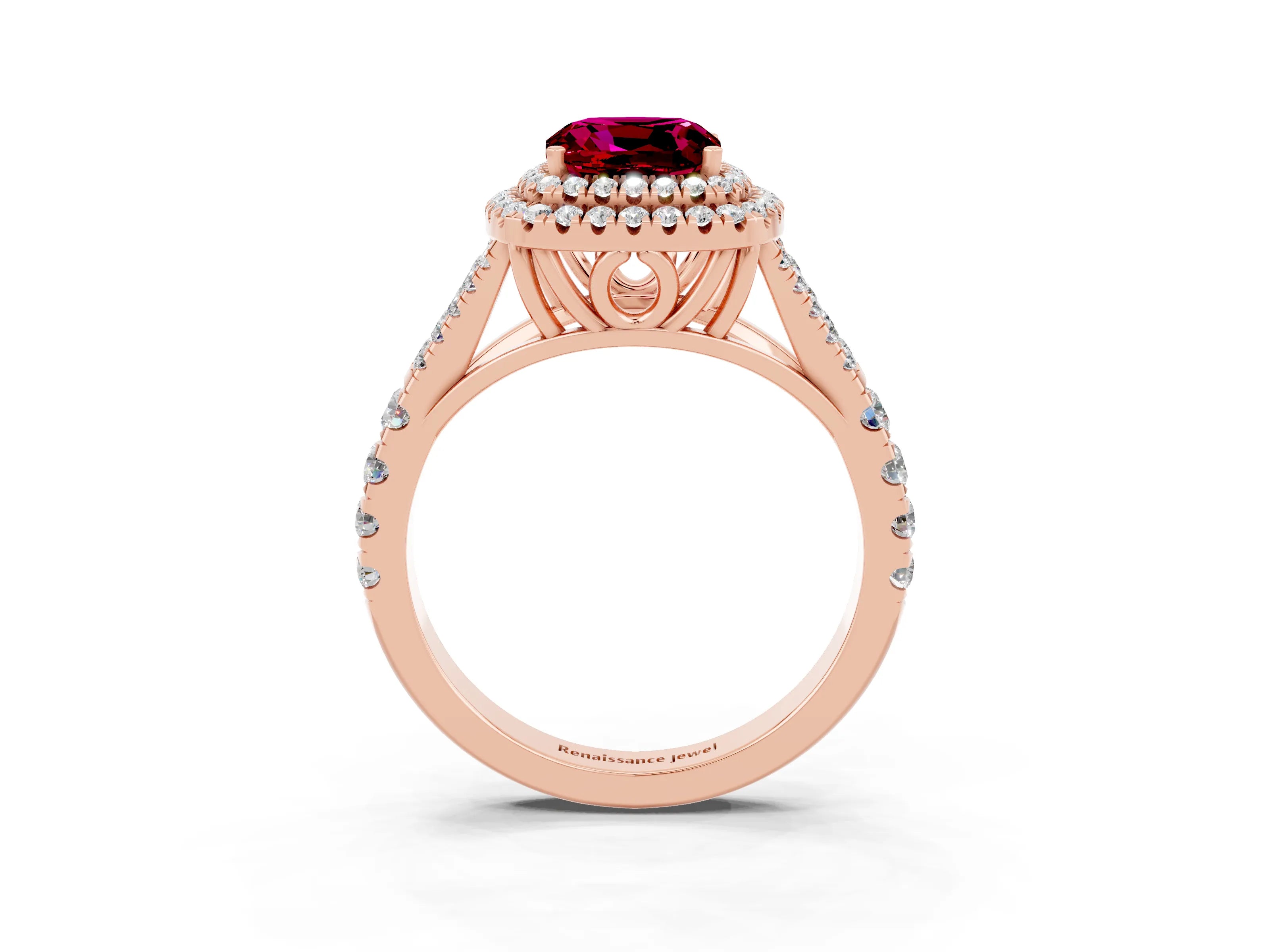 Rose gold Double Halo Cushion Cut Garnet Pavé Split Shank Ring with Prong Setting_3