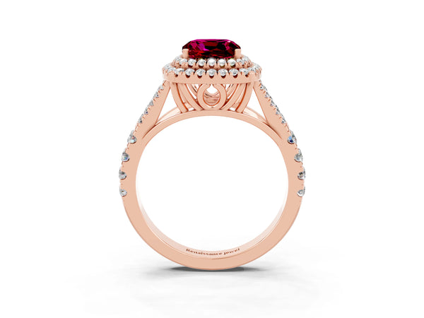 Rose gold Double Halo Cushion Cut Garnet Pavé Split Shank Ring with Prong Setting