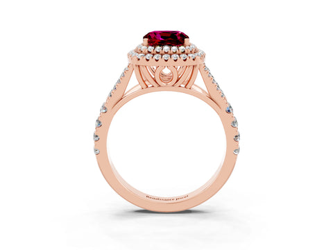 Rose gold Double Halo Cushion Cut Garnet Pavé Split Shank Ring with Prong Setting_3